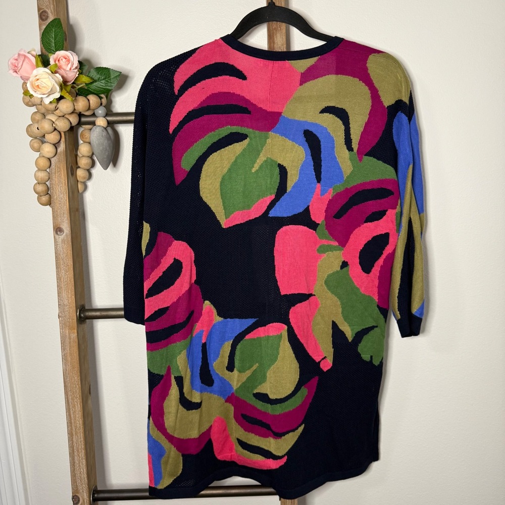 Chicos Abstract Floral Print Duster Cardigan Navy Blue Pink Green Size Small - Picture 6 of 10